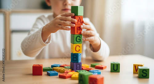 Focused young child building a tall, colorful tower with educational alphabet blocks, promoting early childhood development, learning, and playful engagement at home.