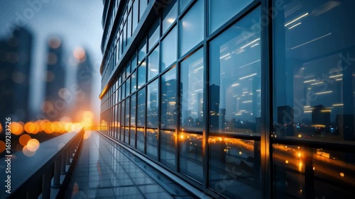 A modern building's reflective glass wall with city lights in the background.