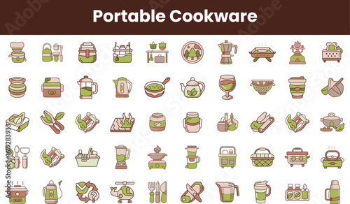 A stylized collection of portable cookware icons featuring various cooking items in soft green and brown tones, perfect for culinary enthusiasts and outdoor cooking.