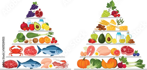 Compare protein and low carb diet food pyramids with healthy choices