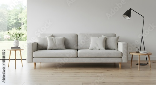 Modern Living Room Interior with Sofa, Side Tables, and Floor Lamp