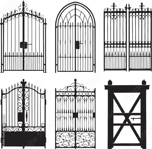Ornate wrought iron gates and entrance black white