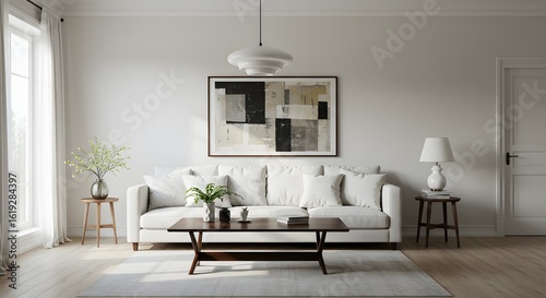 Modern Living Room Interior with White Sofa, Abstract Art, and Decor