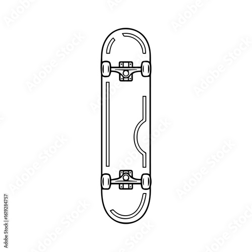 A monochrome illustration of a skateboard, viewed from above, showing its components.