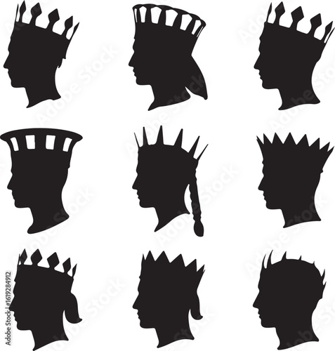 Royal profiles wearing crowns silhouette heads
