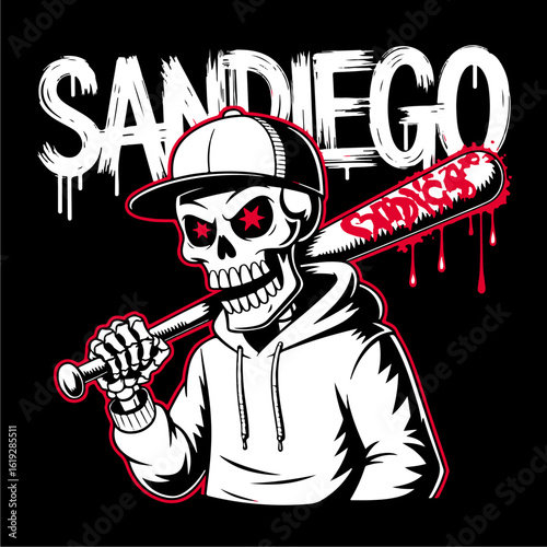 A stylized skeleton wearing a hoodie and baseball cap, holding a bat with 