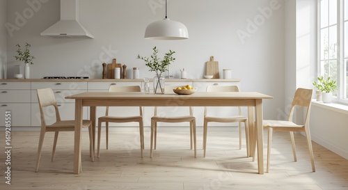 Modern Minimalist Kitchen Interior with Dining Table and Chairs