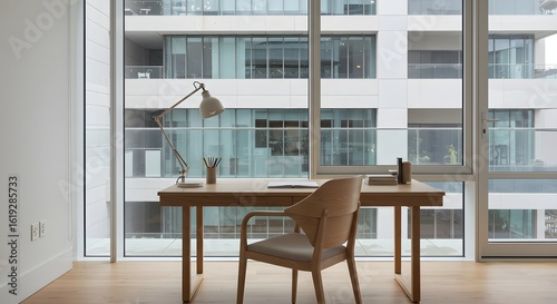 Modern Office Desk and Chair with City View Through Large Window