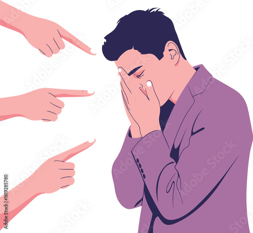 Mental stress, social pressure, bullying, anxiety, emotional breakdown, finger pointing, sadness, depression, criticism, burnout, flat vector illustration