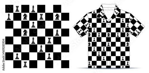 Chessboard game seamless pattern background, t-shirt, polo, T-shirt mockup template design. Vector Illustration.
