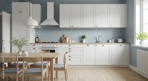 Modern White Kitchen Interior with Dining Area