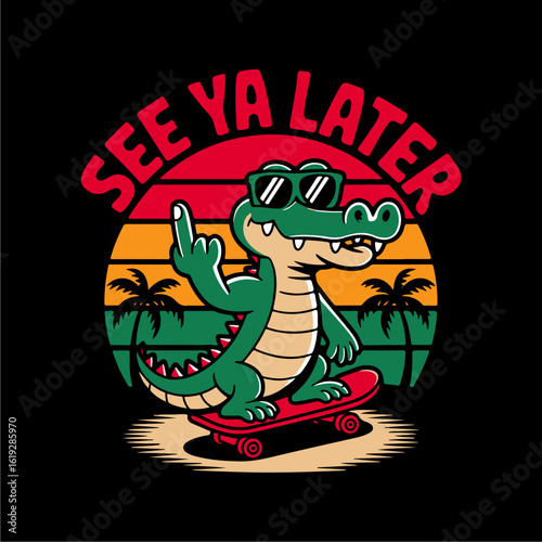 Cartoon alligator on skateboard giving the middle finger against a sunset.