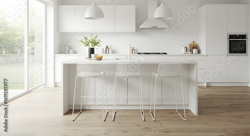 Modern White Kitchen Interior with Island and Bar Stools