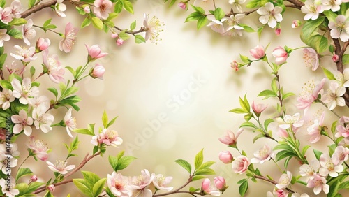 A Delicate Frame of Spring Blossoms, Featuring a Soft Pastel Background and Lush Green Foliage, Ideal for Cards, Invitations, or Decorative Purposes