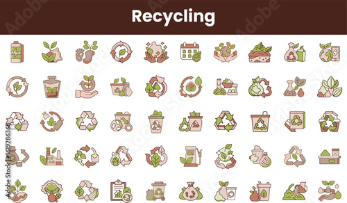 A collection of diverse recycling icons showcasing eco-friendly practices and sustainability, featuring plants, recycling symbols, and various environmental themes.