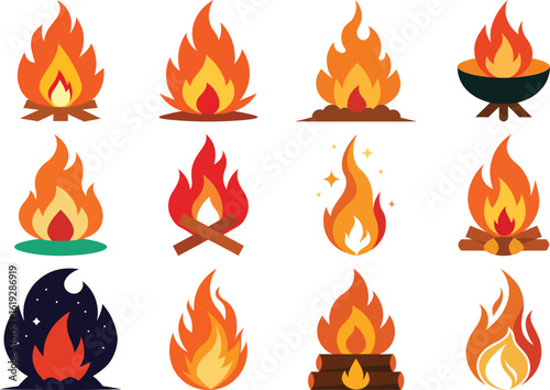 A diverse collection of stylized illustrations depicting various types of fire and flames