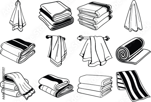 A collection of sketched towels in various states of folding, rolling, and hanging
