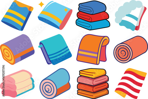 A vibrant collection of various folded and rolled towels in different colors and patterns