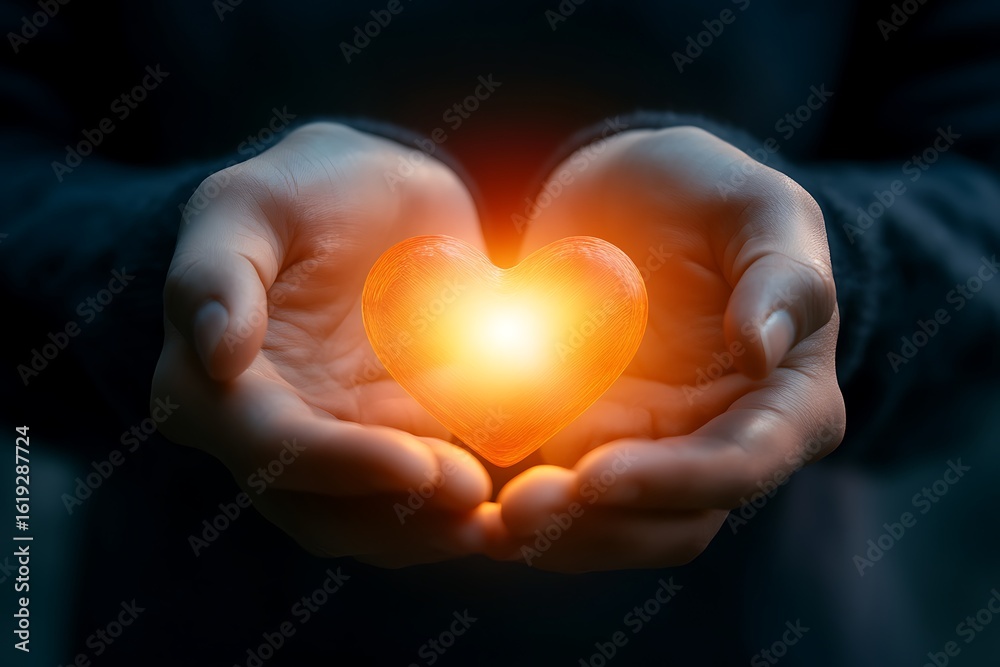 Obraz premium Glowing Heart Held Gently in Hands Against a Dark Background Symbolizing Love and Warmth