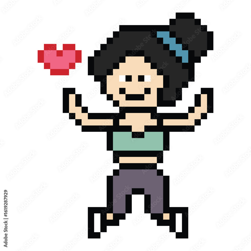 Fototapeta premium Cartoon pixel character cute woman exercises training dance lifestyle music decoration life style 8 bit female girl dance with music game 8bit fitness isolated PNG vector.