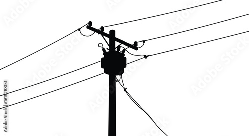 Silhouette of electric utility pole with transformer, high voltage wires, black vector illustration, energy transmission system for urban power grid