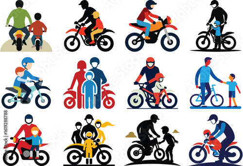 A vibrant collection of vector illustrations depicting families and individuals enjoying motorcycle rides together