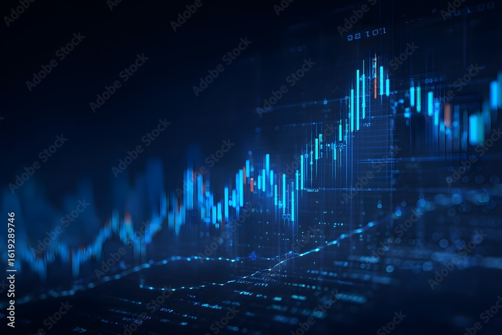 Naklejka premium Abstract blue hologram of financial graphs and charts, glowing with data points on a dark background. The concept symbolizes the power to convey information in digital form
