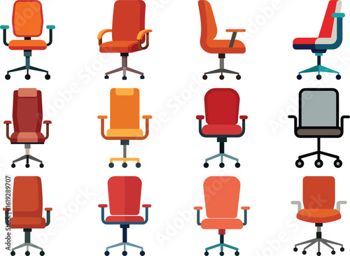 A diverse collection of office chairs in various colors and styles, showcasing modern ergonomic designs for comfortable work