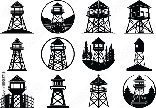 A collection of watchtower silhouettes in various styles, representing security, observation, and defense structures