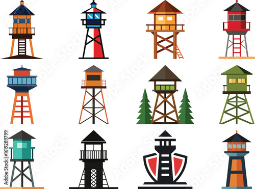 A vibrant collection of watchtowers and lighthouses in diverse colors and styles, featuring unique architectural designs