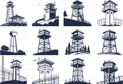 A collection of watchtower illustrations and sketches, depicting various architectural styles and security features