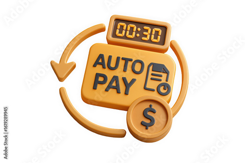 A vibrant illustration representing automated payment solutions, featuring a timer, money symbol, and document icon.