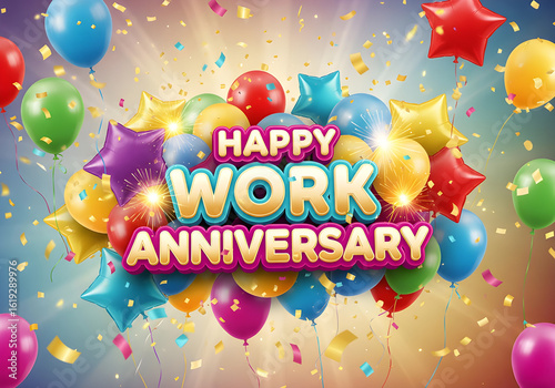 A vibrant happy work anniversary celebration with balloons and celebratory text.