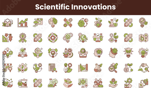 A vibrant collection of scientific innovation icons featuring nature, technology, and sustainability themes, showcasing research and development in a green environment.