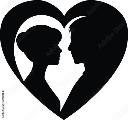 Couple silhouette inside a heart shape outline isolated on transparent background silhouette