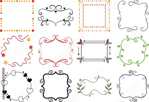 A vibrant assortment of decorative frames and borders featuring colorful dots, floral elements, and whimsical designs