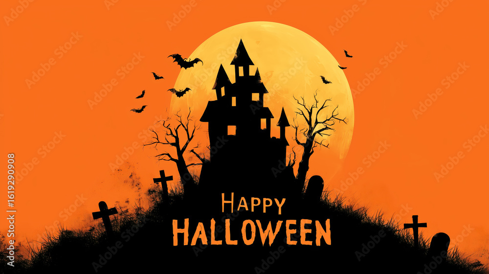 Naklejka premium Spooky Halloween Night with Haunted House and Full Moon Glow Against Orange Sky Background