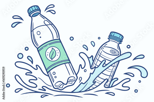 Dynamic splashes from two water bottles capture freshness and purity in this vibrant image, ideal for themes of hydration, wellness, and active lifestyle choices. 