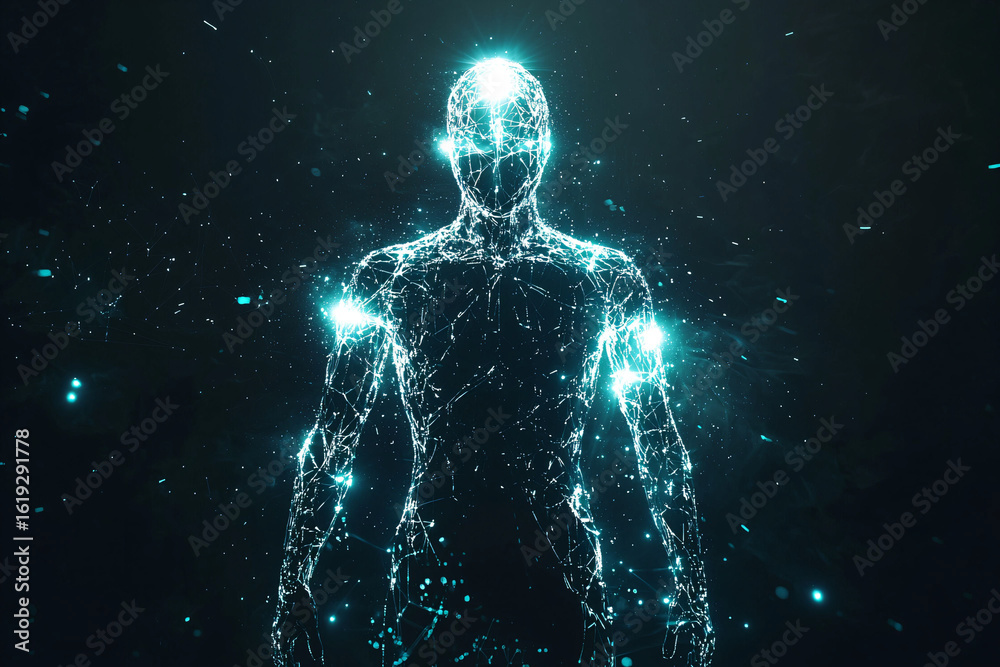 Fototapeta premium Digital Human Silhouette with Dazzling Light Effects and Particles