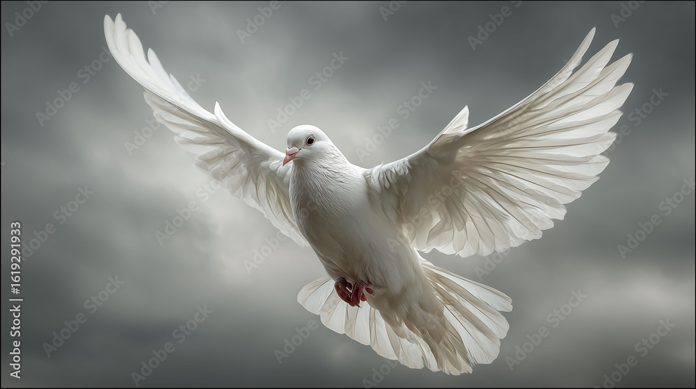 Fototapeta premium White dove in flight wings open against cloudy sky