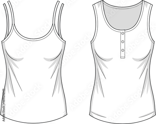 Women’s sleeveless tank tops with scoop and henley necklines, casual summer wear, front and back views, CAD drawing flat vector illustration