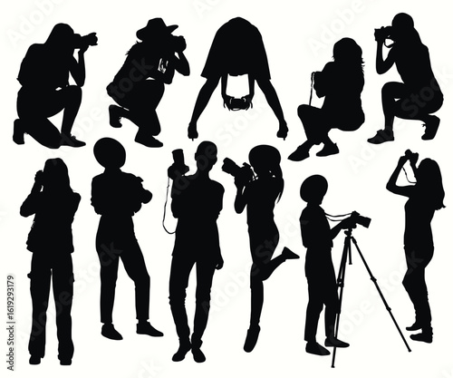 Photographer Woman holding camera silhouette vector. Professional Female photographer taking picture. Young Blogger Woman Camera Tripod Photo journalist vector. Teenage Girl poses with Camera.