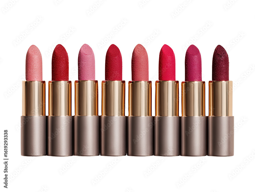 Obraz premium Row of lipstick tubes in various shades of red and pink