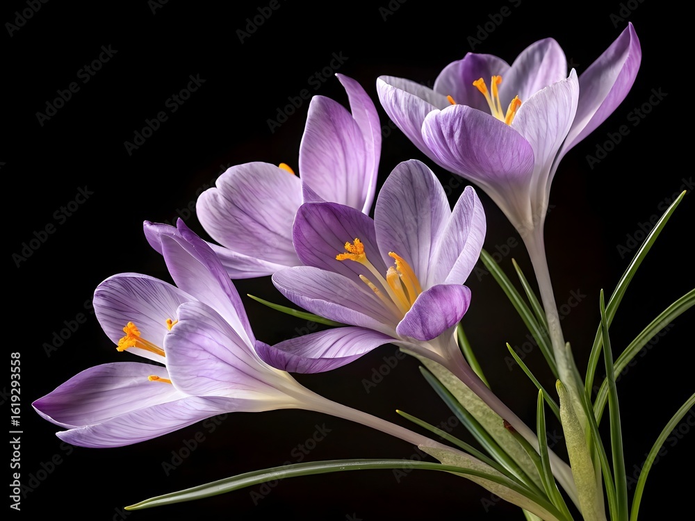 Fototapeta premium Delicate purple crocus flowers blooming against a dark background