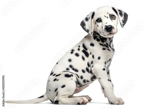 Adorable dalmatian puppy sitting and looking at the camera