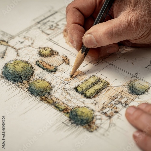 an elderly hand holding a pencil, meticulously drawing a detailed sketch of an architectural design with multiple trees and a clear demarcation of greenery, pathways