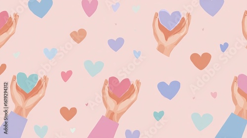 Gentle Hands Cradling Soft Hearts on a Delicate Pink Background Evoking Love and Compassionate Warmth