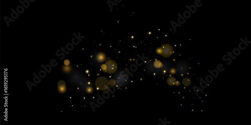 The light of gold dust, bokeh light effect background. Christmas glowing dust background, Yellow flickering glow with confetti bokeh light and particle motion.