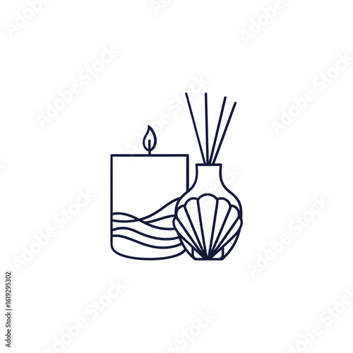 Minimalist line art of a candle with wave design and a diffuser with sticks on a white background