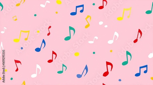 Vibrant Pink Background with Colorful Music Notes Creating a Joyful and Playful Atmosphere of Sound
